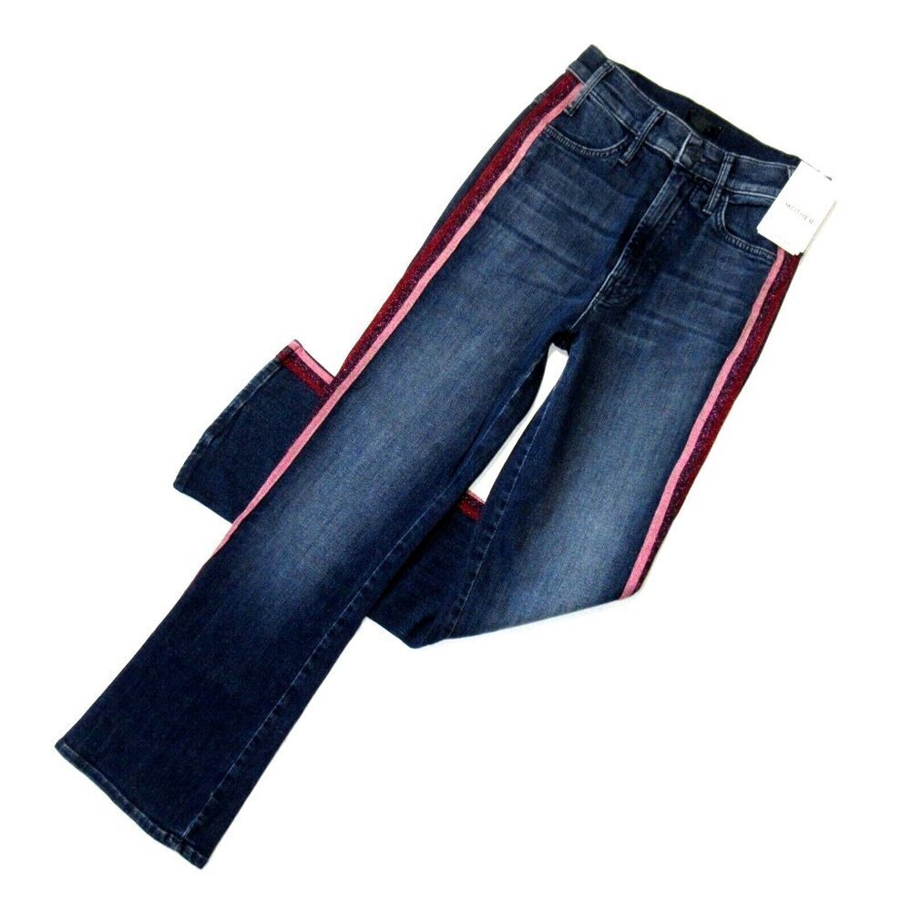 NWT Mother Hustler Ankle in Here Kitty Glitter Racer Crop Flare Stretch Jeans 24